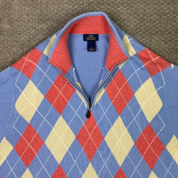 Brooks Brothers 346 1/4 Zip Argyle Sweater Men's XL Blue Coral Pink White supima - Picture 3 of 8